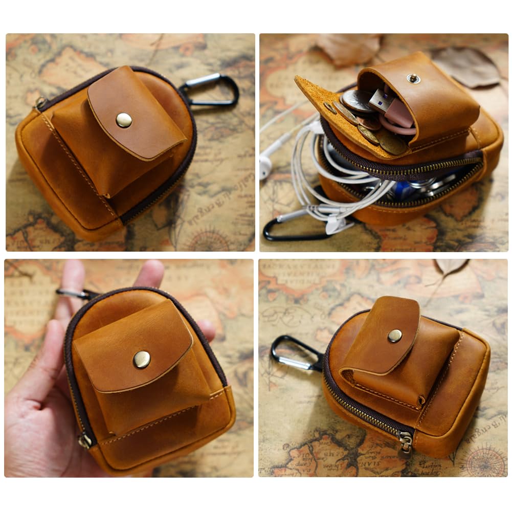 Genuine Leather Mini Backpack Keychain Medieval Pouch Coin Organizer Change Holder Zipper Pouch for Men Women Brown (Brown)