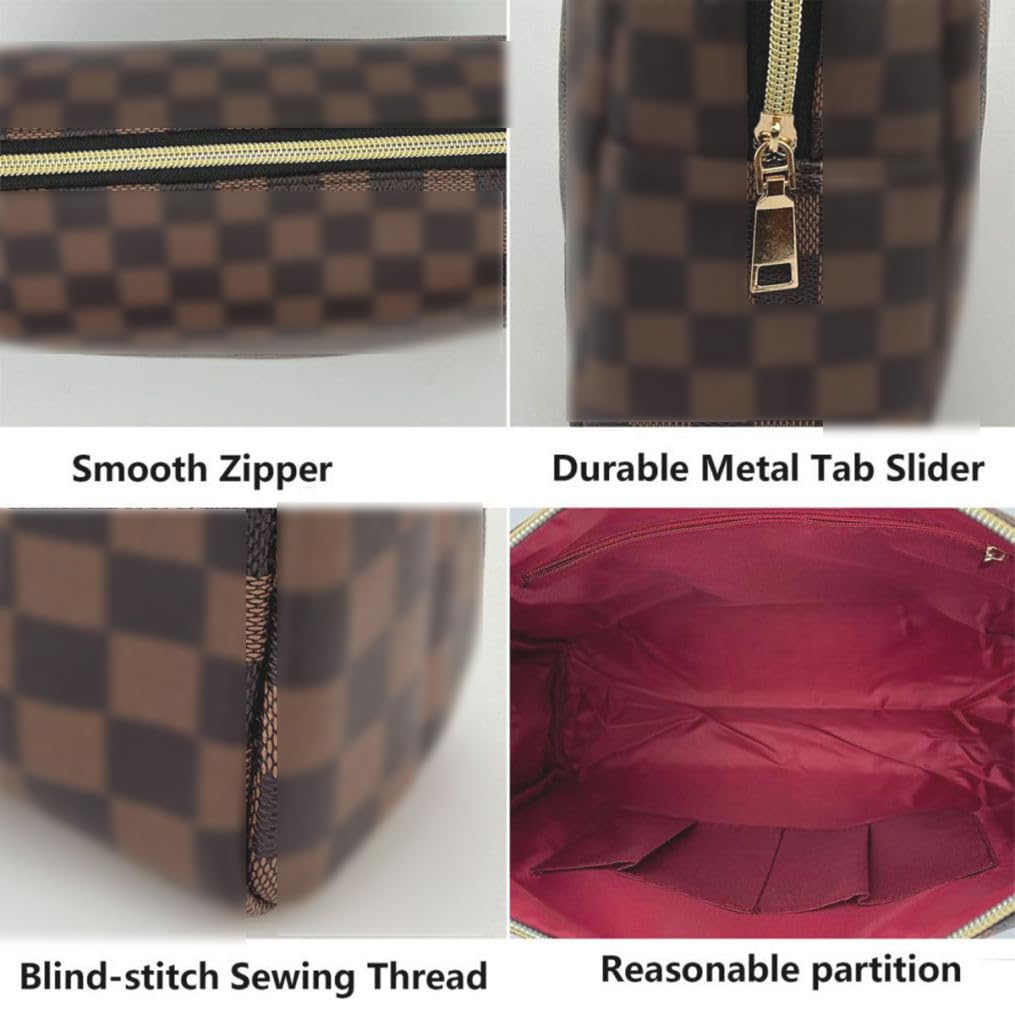 bopomofo Brown Checkered Cosmetic Bag 3 Pack,1 Big Pouch,1 Makeup Brushes Holder, 1 Coin Purse,Portable Travel Makeup Bag Set Lightweight and Waterproof Storage Bag Organizer (Brown Checkered 3 Pcs)