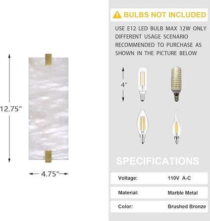 2 Pack 2 Light Square 12.75" Alabaster Marble Bathroom Wall Sconce Modern Concise Style Wall Light Fixture,Gold Finish for Bedroom Hallway Bedside