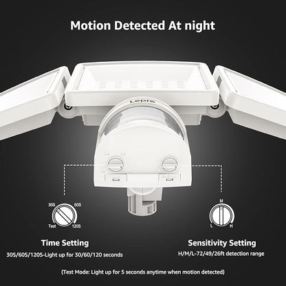 Lepro LED Security Lights, Outdoor Motion Sensor Light, Flood Lights with 3 Adjustable Heads, 270° Wide Lighting Angle, 27W 3200LM Super Bright, IP65 Waterproof for Yard Porch Garage, White