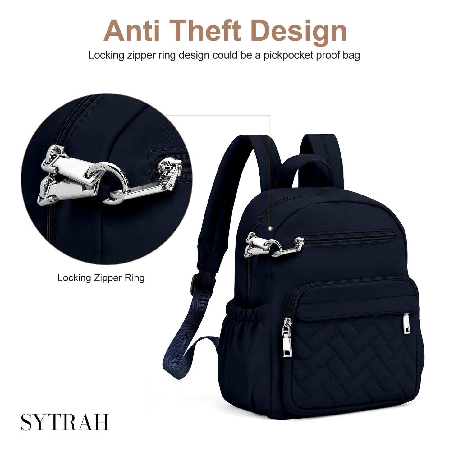 SYTRAH Mini Backpack for Women Small Backpack Purse, Anti Theft Backpack Waterproof Lightweight Puffer Back packs for Travel, Work with Coin Purse Dark Blue