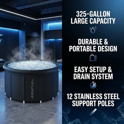 Versatyle 325-Gallon XXL Ice Bath Tub – Large Cold Plunge for Adults with Stainless Steel Frame, Insulated Walls, Cover, Pump and Carry Bag – Portable Recovery Pool – Fits Up to 4 People
