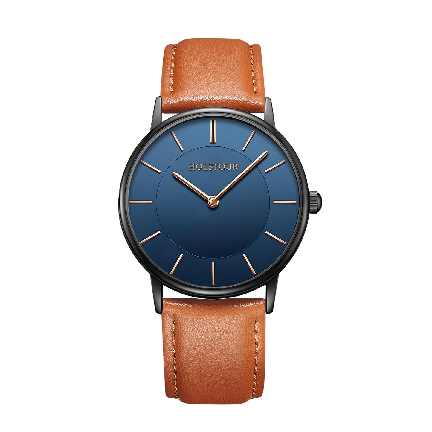HOLSTOUR Watches for Mens Minimalist Fashion Business Wrist Watch Analog with Brown Leather Strap