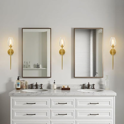 Gold Glass Wall Sconce Light: Modern Decorative Sconces Lights Over Mirror - Vintage Brushed Brass Bathroom Vanity Lighting with Flower Shade - Indoor Glass Wall Mount Lamp for Bedroom Living Room