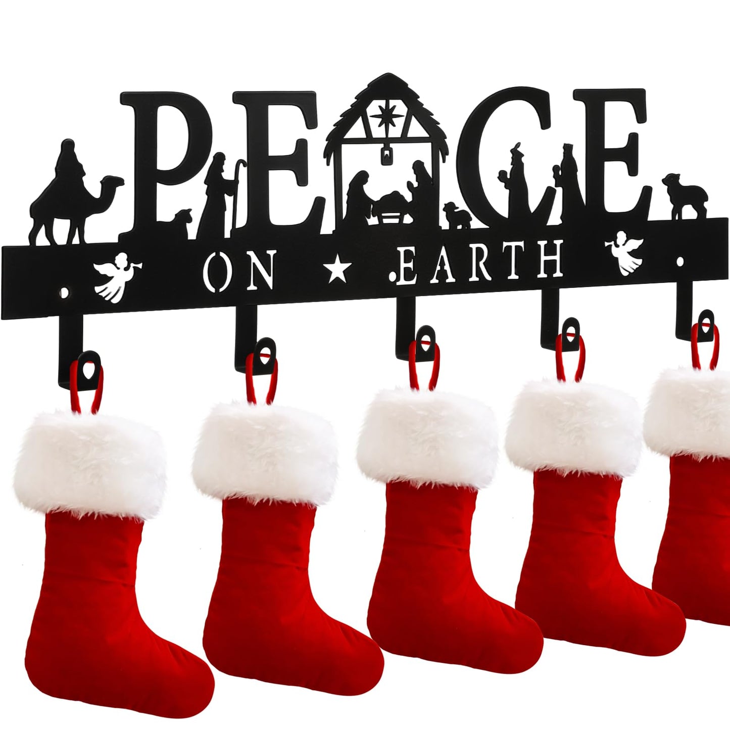 Cinnvoice Nativity Christmas Stocking Holder for Wall with 5 Hangers Metal Christmas Stocking Wall Hanger Mantel Rack Hanging Mount Hook for Holiday Xmas Fireplace Decoration, Black(Peace)