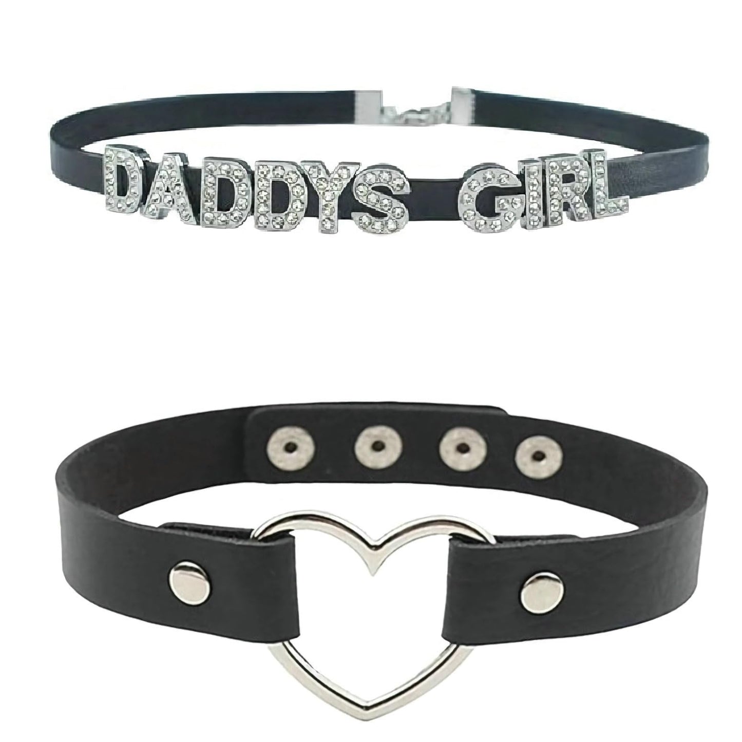GlitterWe 2Pcs Daddy's Choker For Dating,Gothic Love Heart Leather Choker Necklace for Women,Punk Studded Rivet PU Collar Necklace With Spikes,Black Adjustable Letters Jewelry with Chain For Halloween Valentine's Day