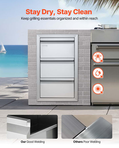 VEVOR Outdoor Kitchen Drawers 14.7" W x 25.4" H x 18.7" D, Box Frame Style Flush Mount BBQ Drawers with Stainless Steel Handle, BBQ Island Drawers for Outdoor Kitchens or Patio Grill Station