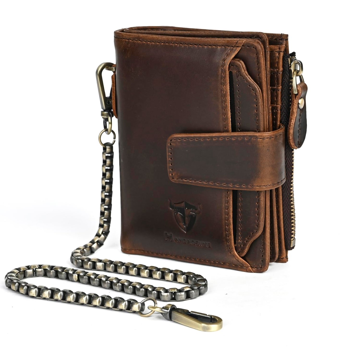 Handadsume Oil Wax Genuine Leather Travel Gift Coin Pocket Card Case Vertical Chain Rfid Wallet Purse With Snap For Men Male 1804 (2-251881 Brown1)