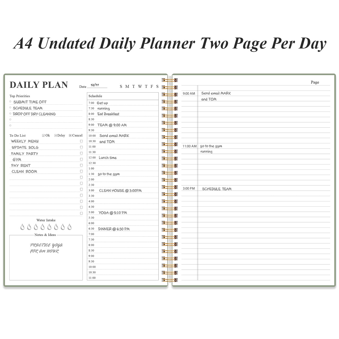 Daily Planner Undated - A4 To Do List Notebook Hourly Schedules, Spiral Appointment Planner for Women and Men,PVC Hardcover, Inner Pocket, Elastic Closure, 8.5" x 11", Green