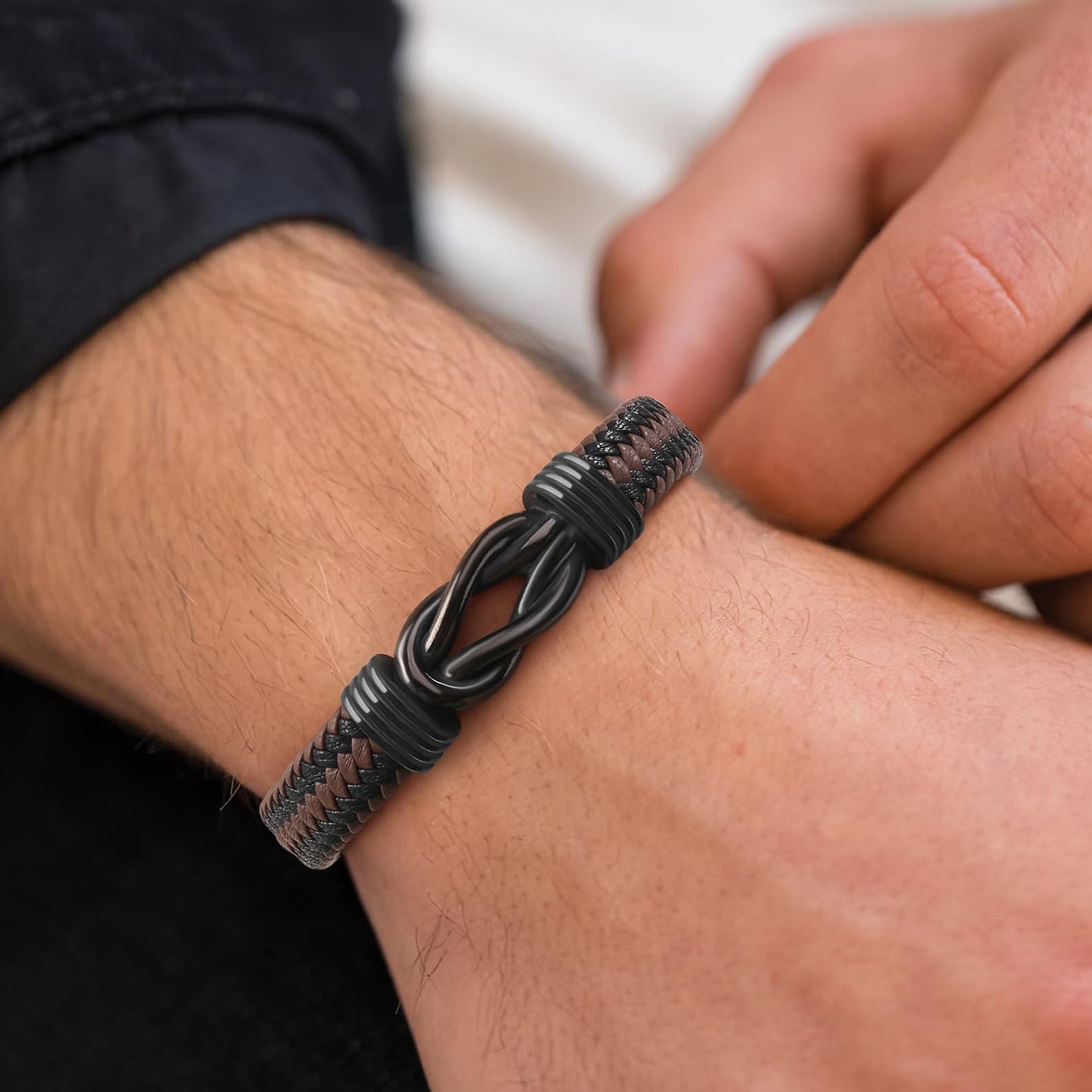 QWNHONEY Boyfriend Birthday Gift Ideas Infinity Knot Leather Christmas Anniversary Mens Brown Braided Cuff Bracelet 8.5 Inches