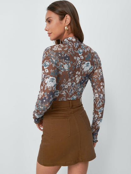 Dealmore Lace Sheer Long Sleeve Floral Mesh Mockneck Trendy Cute Going Out Tops for Women Fall Fashion Outfits 2025 Clothes