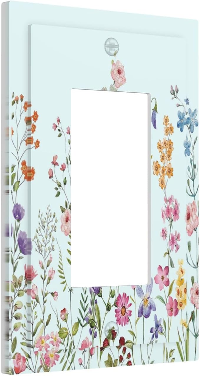 Rustic Wild Floral Vintage Blue Watercolor Flower 1 Gang Rocker Light Switch Covers Decorative Unique Single Decora Outlet Wall Plate Faceplate Switchplate GFCI for Bedroom Decor