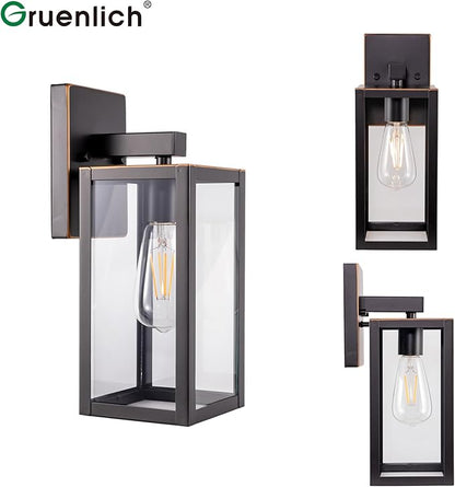 GRUENLICH Waterproof Large Outdoor Wall Lanterns, Modern Porch Sconces with Clear Glass Shade, E26 Socket Max 60W, IP65, Metal Frame, for Patio, Front Door, Entryway, Oil Rubbed Bronze Finish, 1-Pack