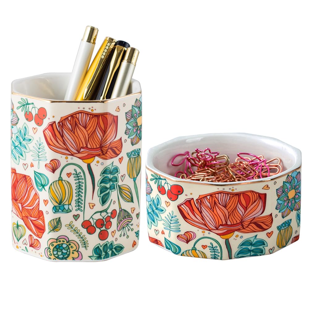 Aesthetic Desk Organizer Set of 2 For Office, Pen Holder and Paper Clip Holder Dispenser, Ceramic Cute Pencil Cup for Desk, Desktop Accessories, Office Decor, Ideal Gifts for Women, Mom (Flower)
