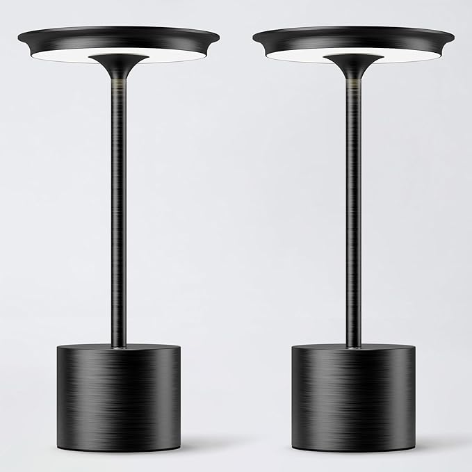Cordless Table Lamp, Portable Rechargeable 6000mAh Outdoor Table Lamp, 3 Color Stepless Dimming Battery Powered Lamp, LED Table Light for Dinner/Restaurant/Outdoor (2Pack Black)