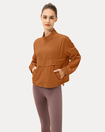 Locachy Women's Lightweight Zip Up Athletic Jacket Stand Collar Windproof Sun Protection Workout Outdoor Jacket Brown L