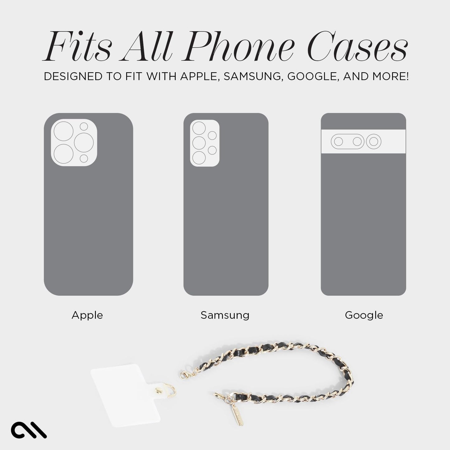 Case-Mate Phone Charm - Detachable Anti Theft Strap - Hands-Free iPhone Wrist Strap for Women - Phone Chain Wristlet - Fits Galaxy, Pixel and More - Gold Chain / Black Leather