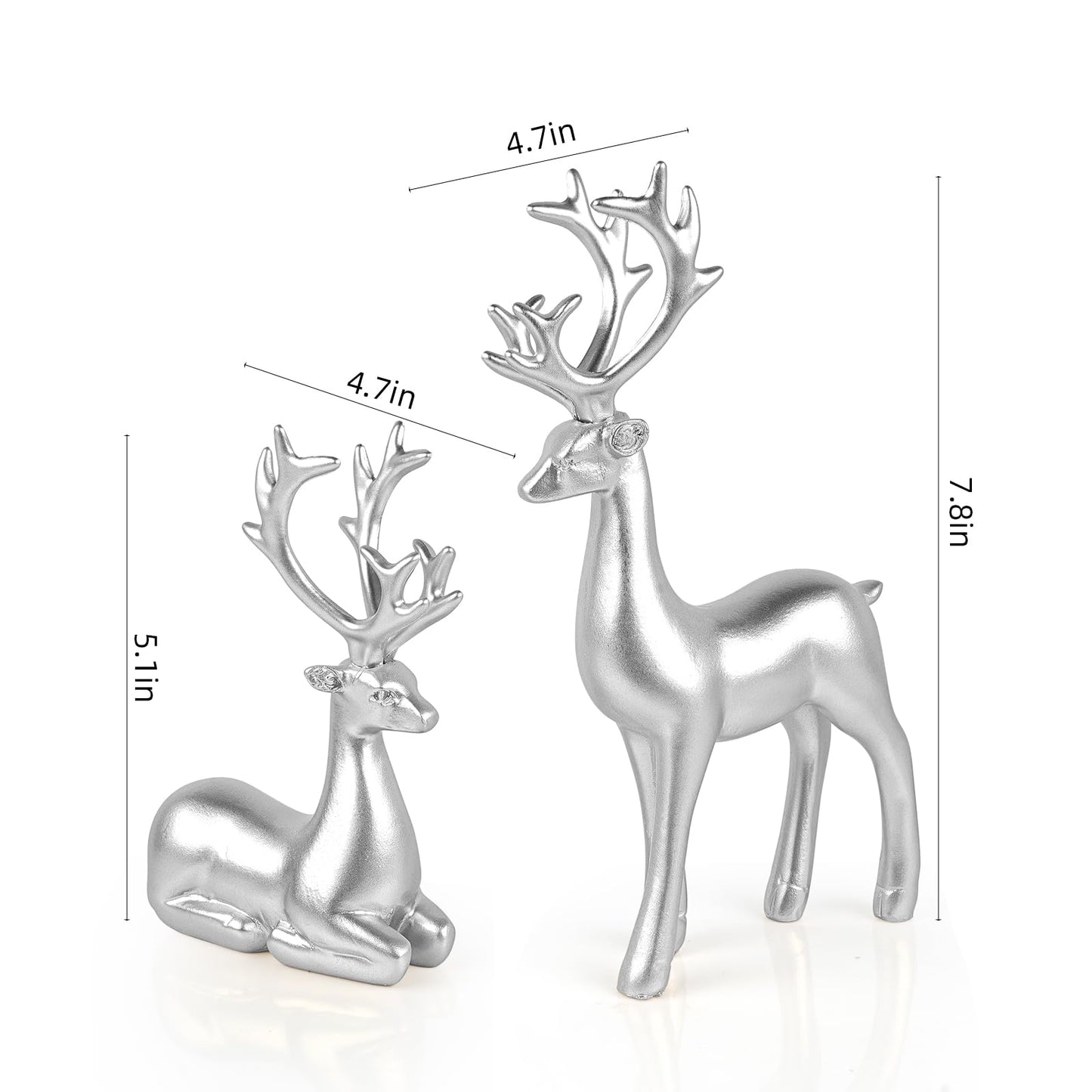 Bonlting 2 Pcs Christmas Reindeer Sculpture, Resin Elk Statues Deer Decorations for Home, Office, Bookshelf TV Stand, Living Room (Silver)