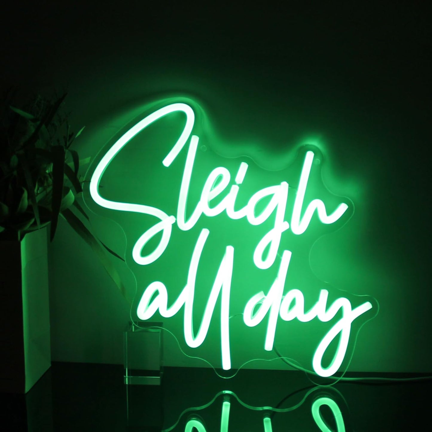CKTBLEY Sleigh All Day Neon Lights Signs Christmas Neon Sign Green Letter LED Neon Lights for Wall Words Xmas Neon Light Up Sign for Bedroom Bar Man Cave Christmas Party Decor