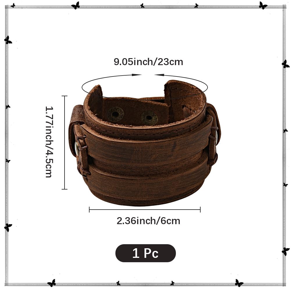 CALFOVERA Brown Punk Genuine Leather Wrap Wristband Gothic Wide Cowhide Leather Cuff Bracelet Adjustable Handmad Bangle Arm Armor with Snap Button Clasp for Men Women Halloween Costume Party