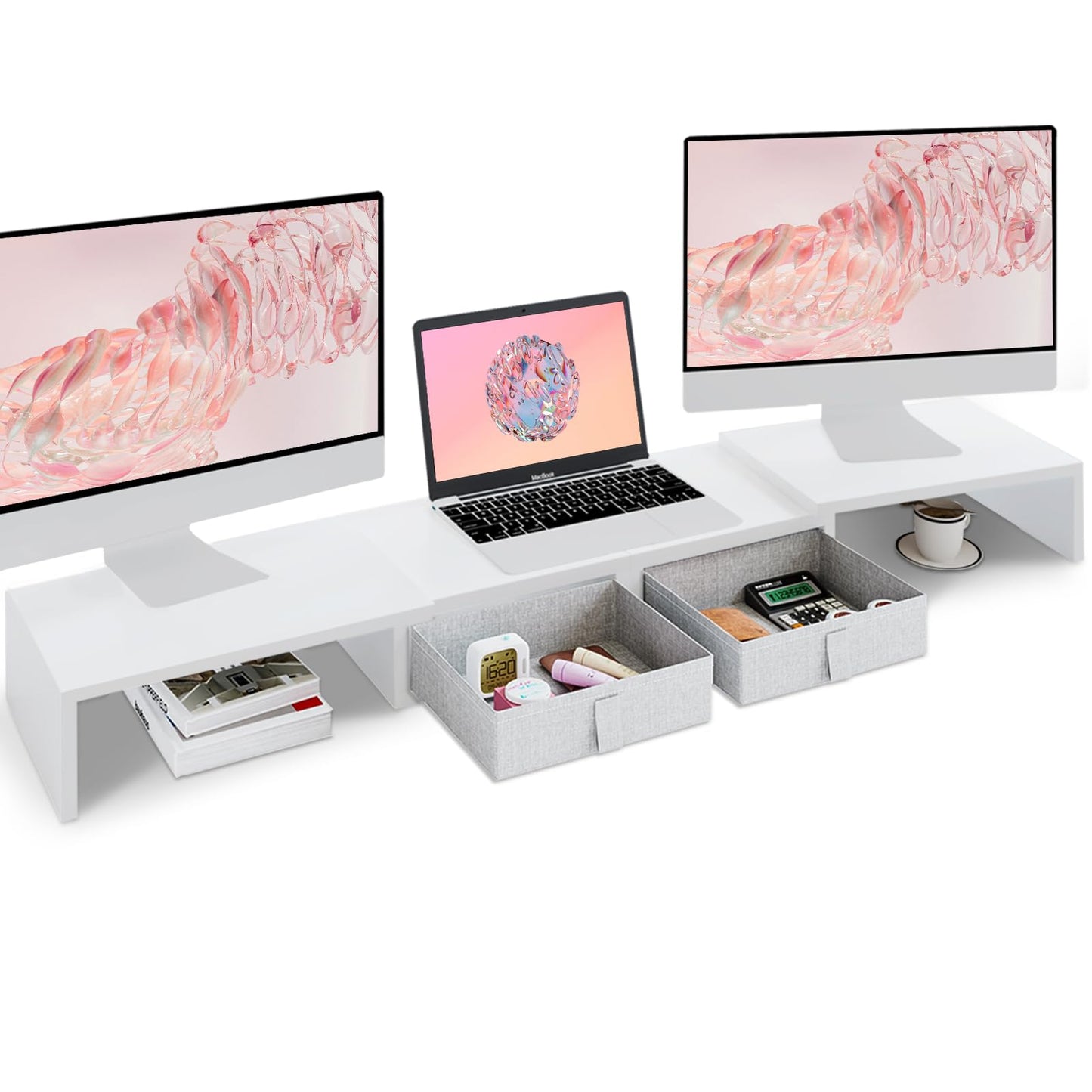 TEAMIX Dual Monitor Stand Riser - Length and Angle Adjustable White Monitor Stand with 2 Drawers to Storage Large Computer Riser for 2 Monitors/Laptop/PC, Wood Screen/TV Stand Desk Organizer (White)