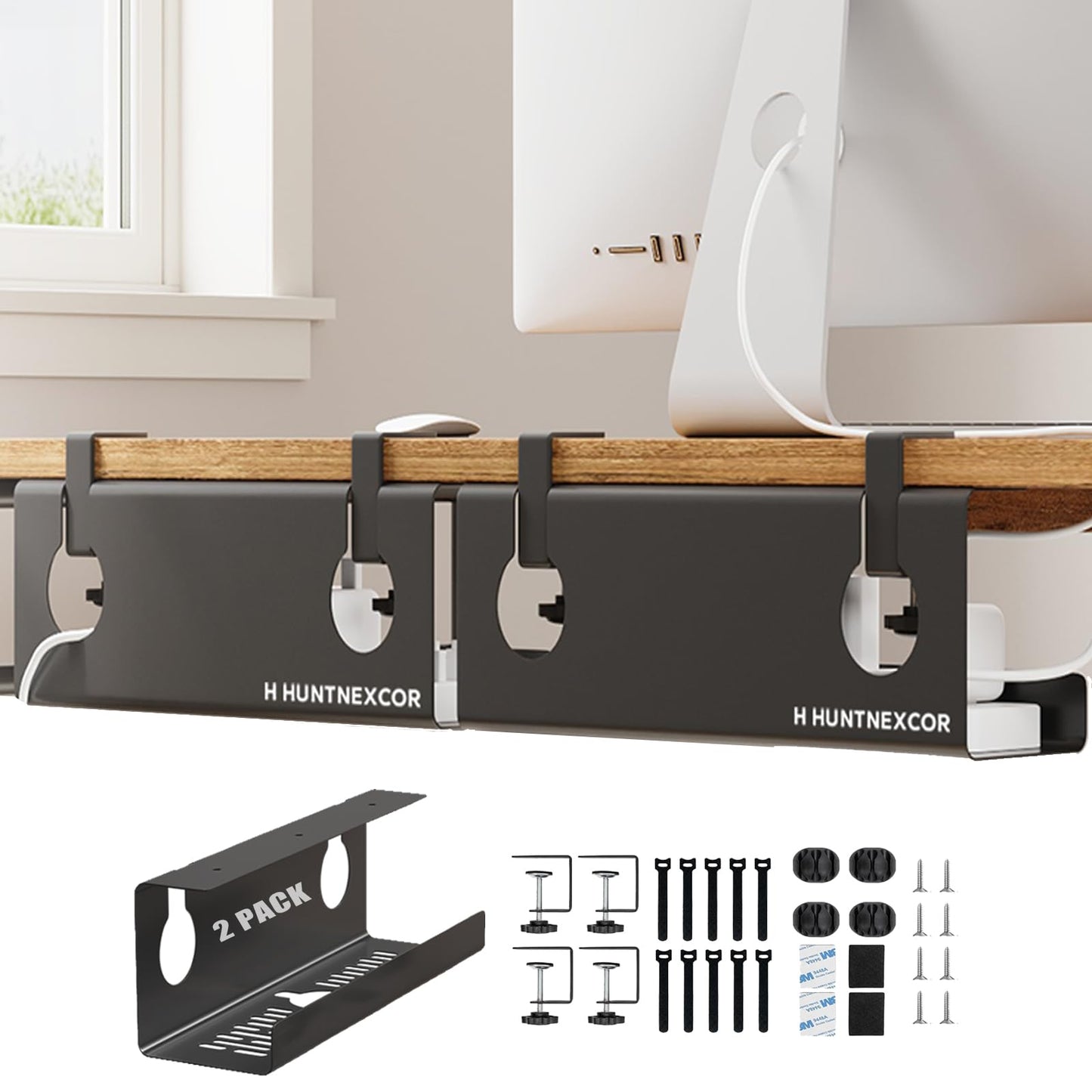 No Drill Under Desk Cable Management Tray with Clamp, Home/Office Desk Cord Organizer and Accessories Storage Shelf, 17'' Metal Cable Organizer for Standing/Gaming Desk, Office Supplies, Black 2 Set