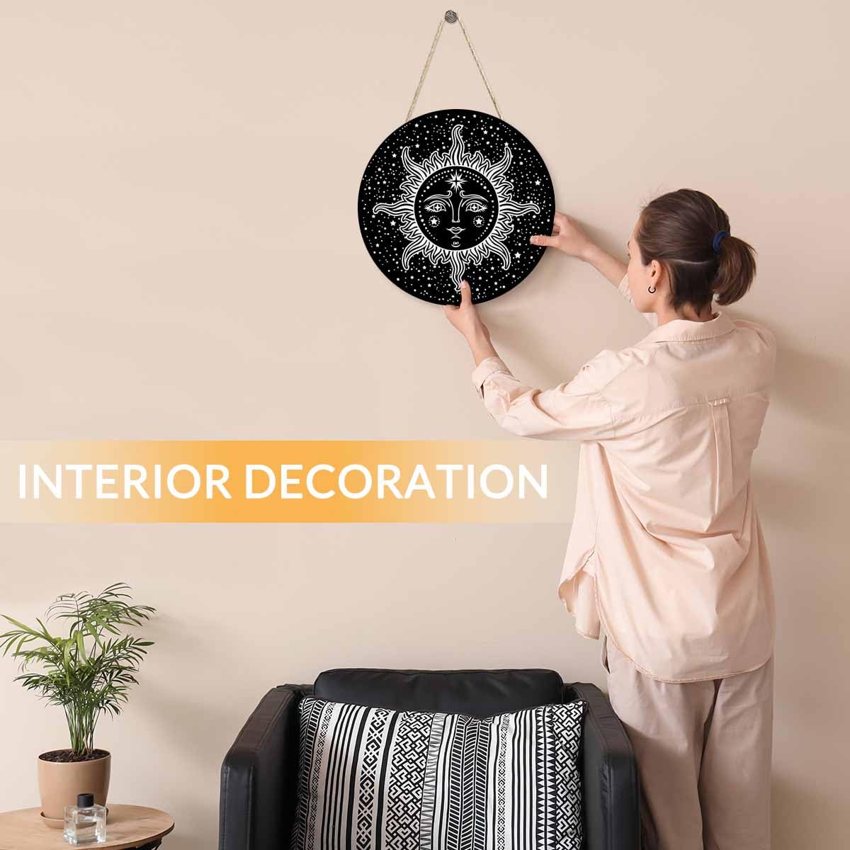 Beabes Farmhouse Front Porch Decor Door Hanging Black White Sun Stars 12in Round Wooden Hanging Housewarming Home Decor Present