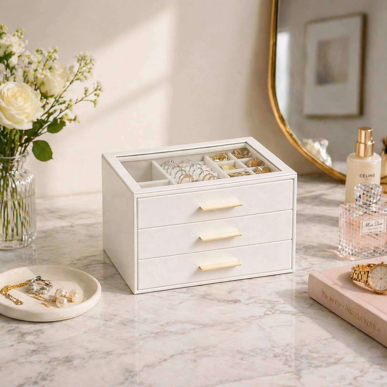 GUOER Jewelry Box for Women, Glass Lid Jewelry Organizer with 3 Drawers PU Jewelry Storage Case for Necklaces Rings Earrings Bracelets, Mother's Day, White