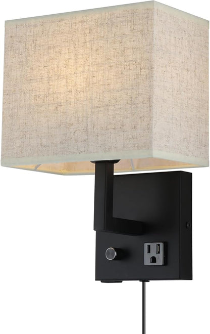 Bedside Wall Mount Light with Outlet and Dimmable Switch, Black Fabric Shade Wall Sconce Light with USB Port and Plug in Cord, Perfect for Bedroom, Living Room and Hotel…