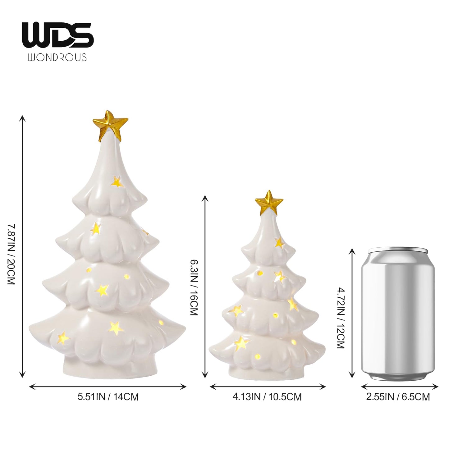 WDS WONDROUS Ceramic Christmas Tree White with Lighted Decor, 2 Pcs Christmas Trees Figurines with Lights, Small Xmas Tree with Star for Tabletop Mantel Shelf Fireplace