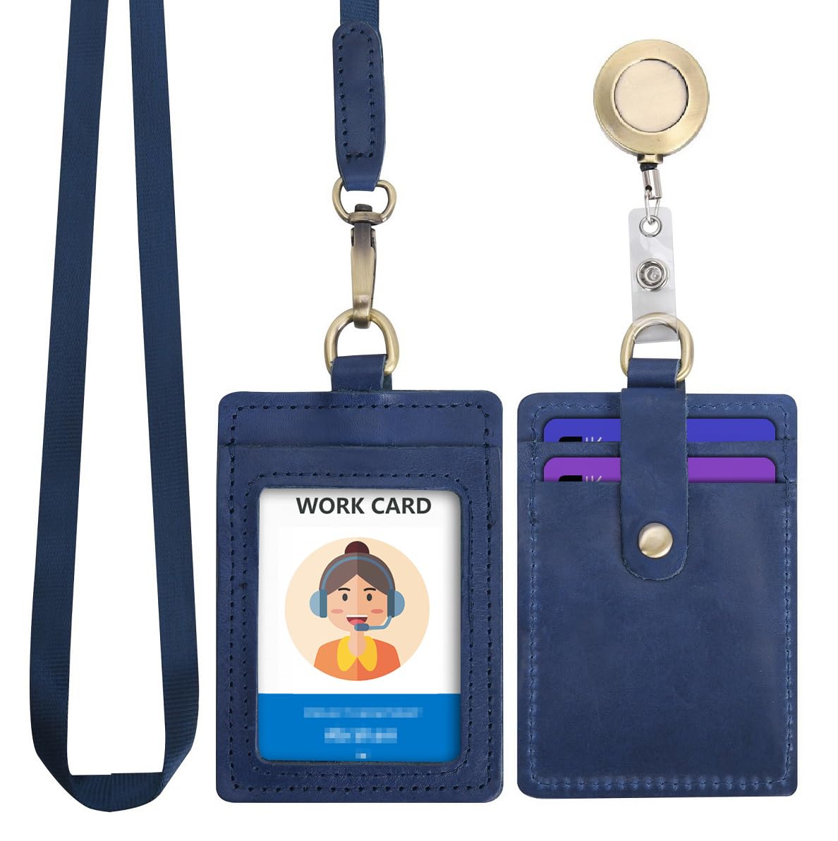 Wonderpool ID Badge Holder Genuine Leather Card Slots Case with Detachable Neck Lanyard and Retractable Badge Reel for Office School Hospital Exhibition ID & Driver Licence (Blue)