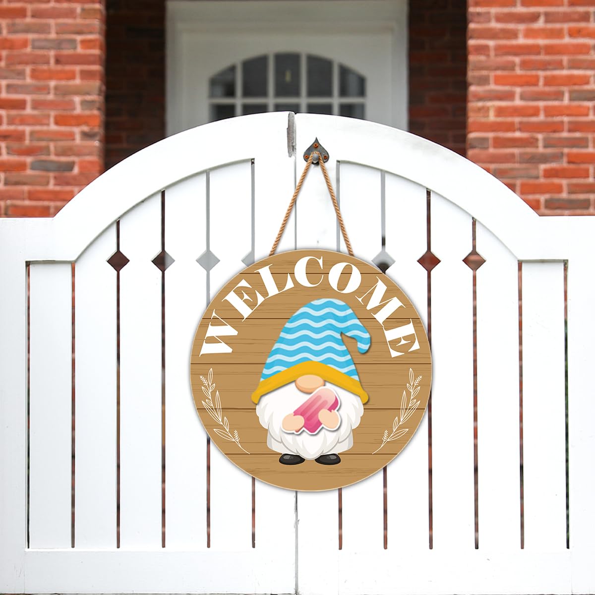 Interchangeable Gnome Welcome Sign Summer Patriotic 4th of July Porch Decor, Changeable Wooden Gnomes Front Door Decoration Wreath Hanger for Spring Fall Winter All Seasons Holiday, Fulvous