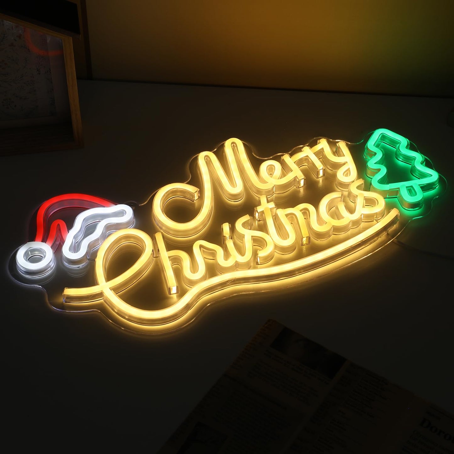 Louxiar Merry Christmas Neon Sign, 16.7" x 7.9" Acrylic Christmas Neon Sign with Xmas Tree and Santa Hat, USB Powered Warm White LEDs for Wall Window Bedroom Living Room Home