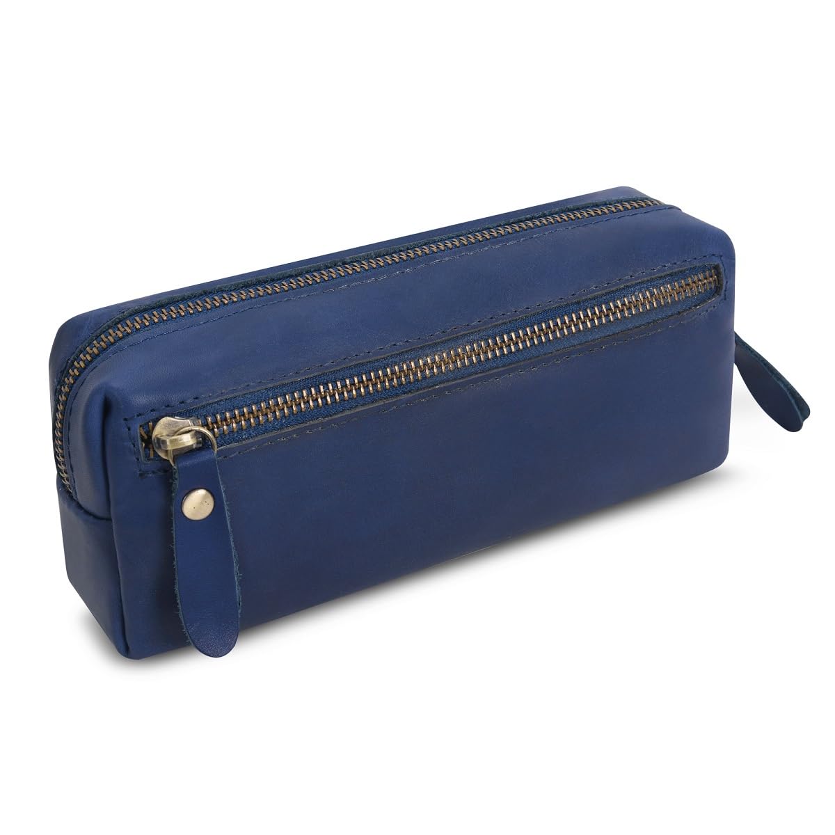 Wonderpool Pen Case Real Leather Pencil Pouch Markers Holder Big Capacity Bag with Side Zippered Pocket Sleeve for Stationery Makeup Utensils Organizer (Blue)