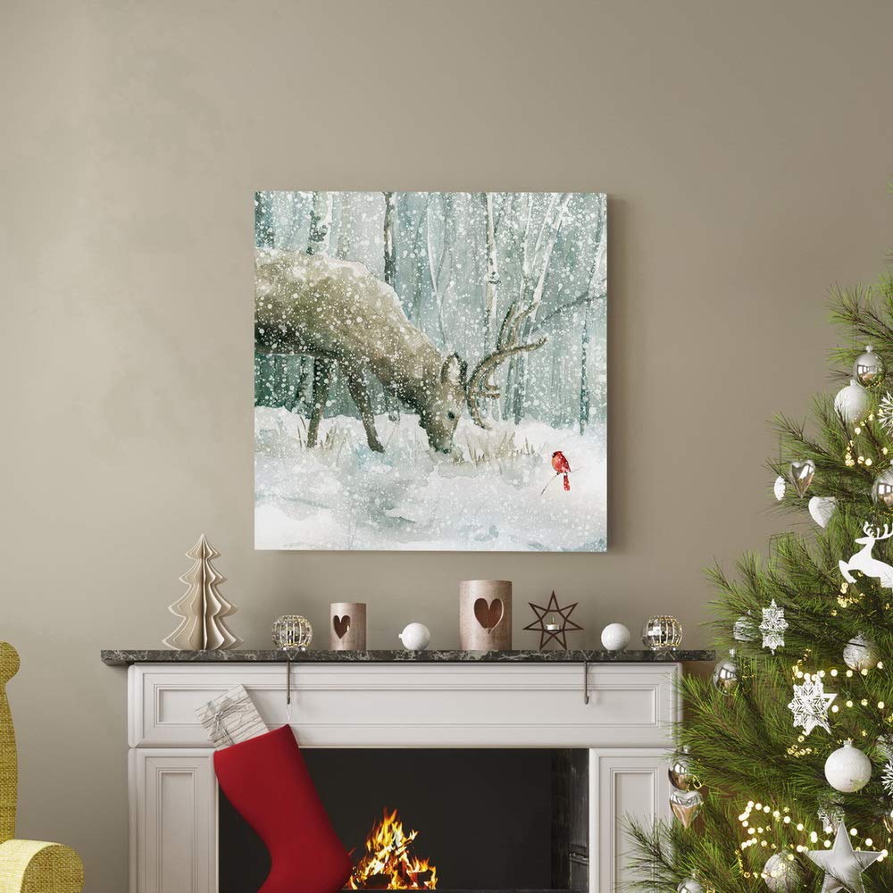Renditions Gallery Reindeer and Cardinal Wall Art, Cute Christmas Artwork, Snowy Winter Forest, Scenic Nature, Premium Gallery Wrapped Canvas Decor, Ready to Hang, 24 in H x 24 in W, Made in America
