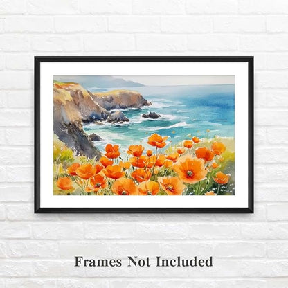 Yesad Poppies Wall Art, California Landscape Canvas Wall Art Poppy Poster Coastal Wall Art Flower Pictures Farmhouse Wall Décor for Living Room Bedroom (Unframed,12”x8”, Poppy2)