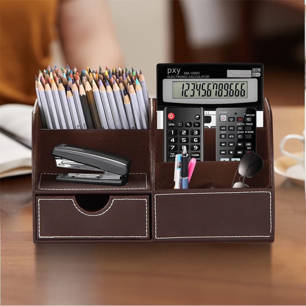 Desk Organizer, PU Leather Desktop Organizers and Accessories, Office Supplies Multi-Functional Caddy Storage with 6 Compartments and 1 Drawer, Workspace Organizer for Office Home School Classroom