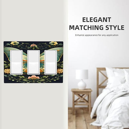 Butterfly Ornate with Flower 3 Gang Rocker Triple Outlet Wall Plate Decorative Switchplate Cover Faceplate GFCI Light Switch Covers for Farmhouse Living Decor