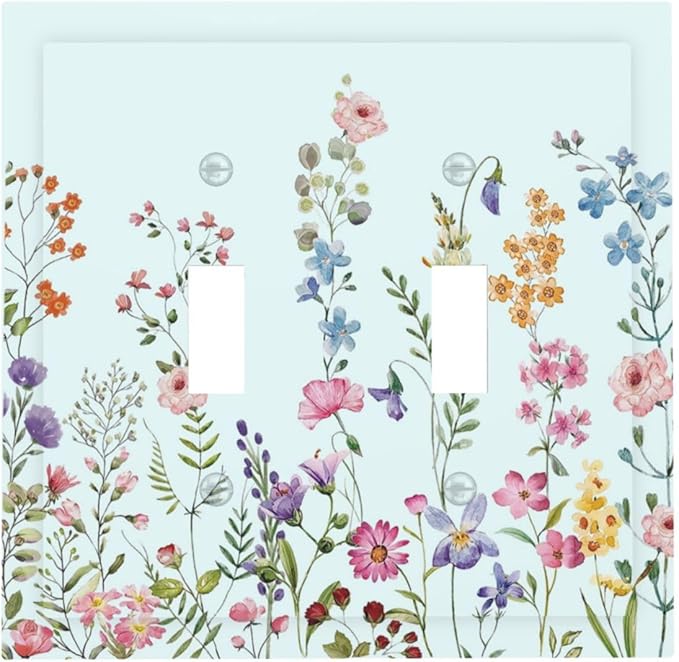 Rustic Wild Floral Vintage Blue Watercolor Flower Double Toggle Light Switch Covers Decorative Unique 2 Gang Wall Plate Dual Electrical Faceplate Switchplate for Bathroom Bedroom Decor
