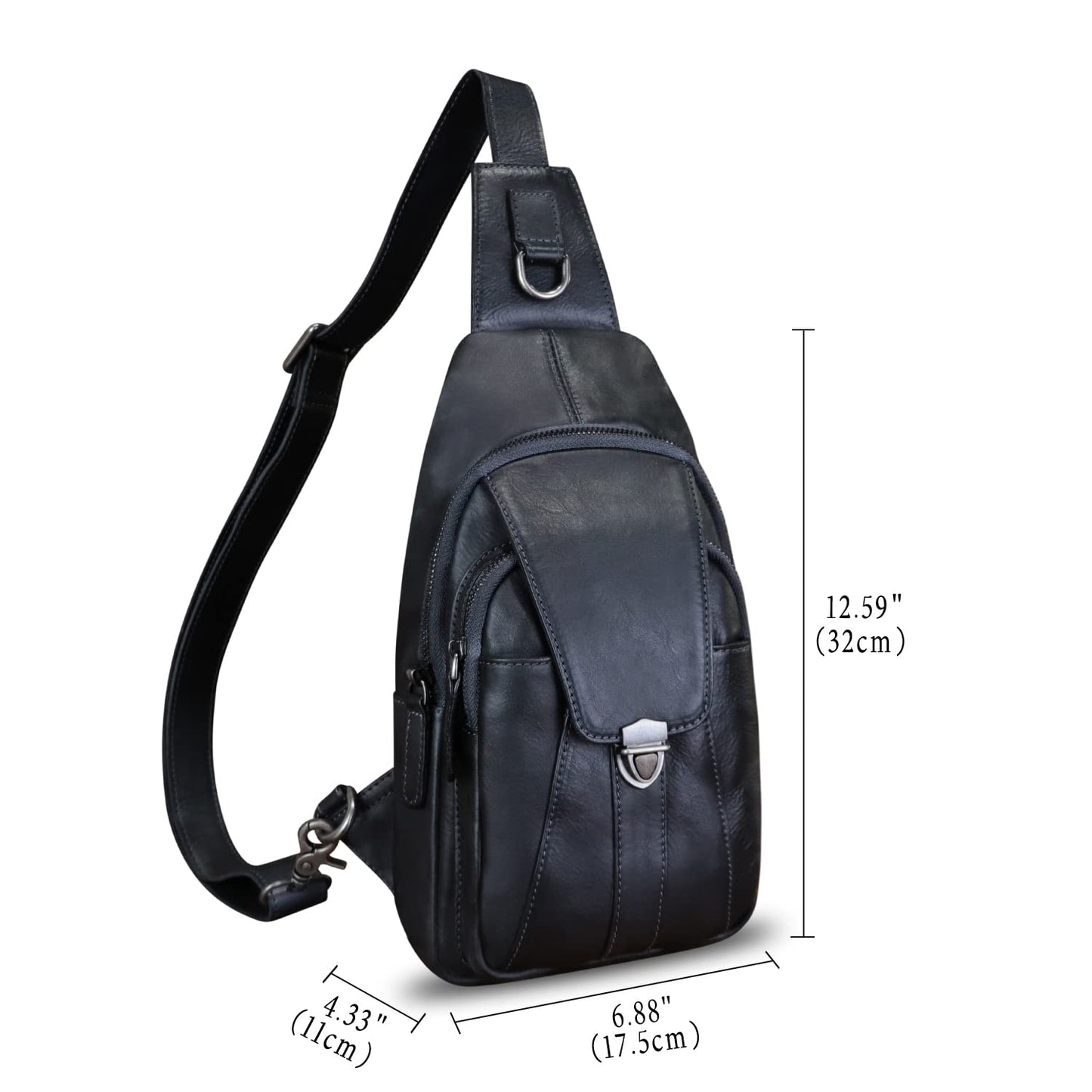 LRTO Genuine Leather Sling Bag for Women and Man Handmade Retro Hiking Crossbody Backpack Purse Chest Shoulder Daypack (Black)