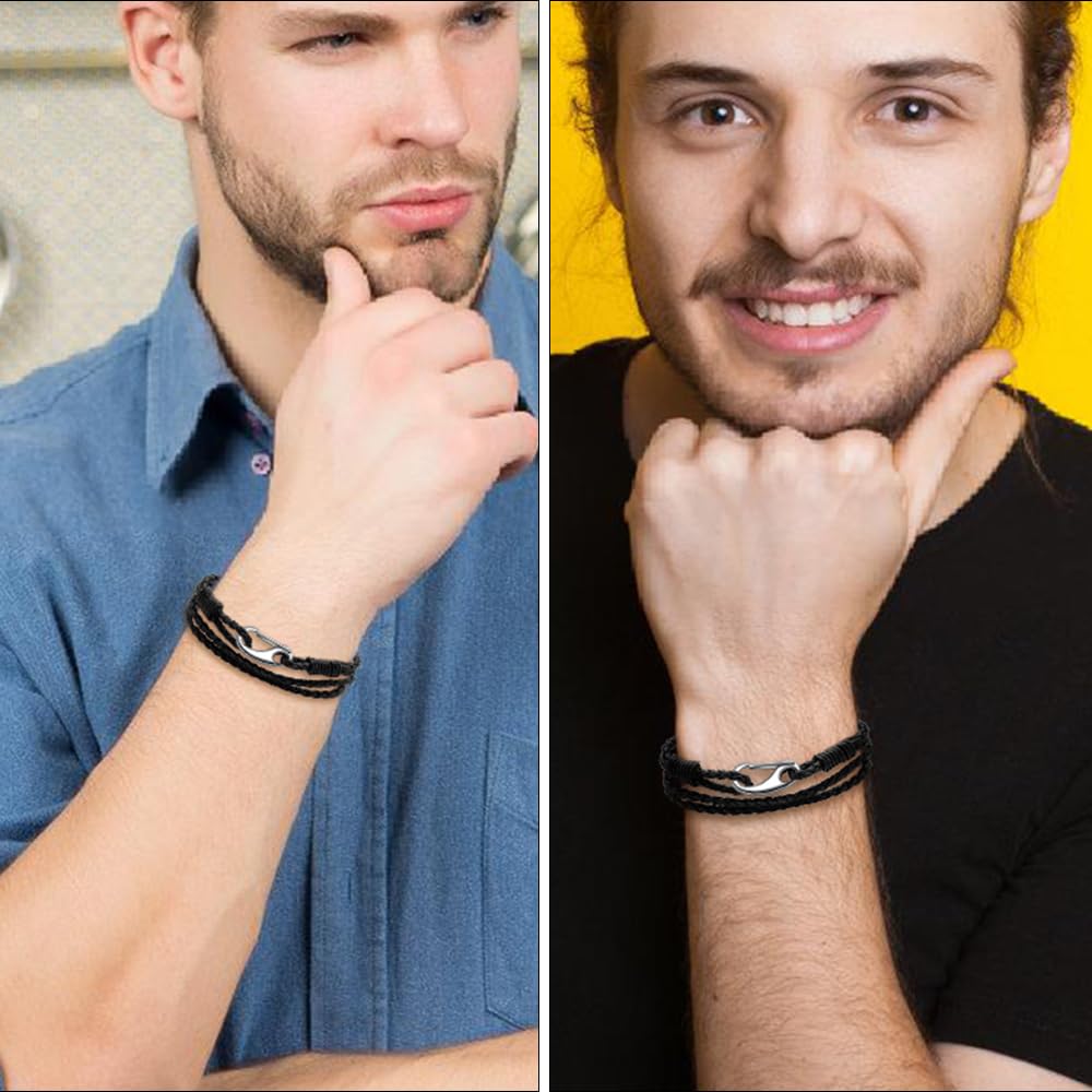 JEVINDA Leather Bracelet Unisex Braided Leather stainless steel Clasp 7.5/7.8 Inches optional multi-layered bracelet for Women and Men With gift box (Black, 7.5 Inch)