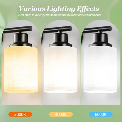 3-Light Black Bathroom Light Fixture with with Milky White Frosted Glass Shade, Matte Black Vantiy Lights for Bathoom Bedroom Living Room - E26 Base
