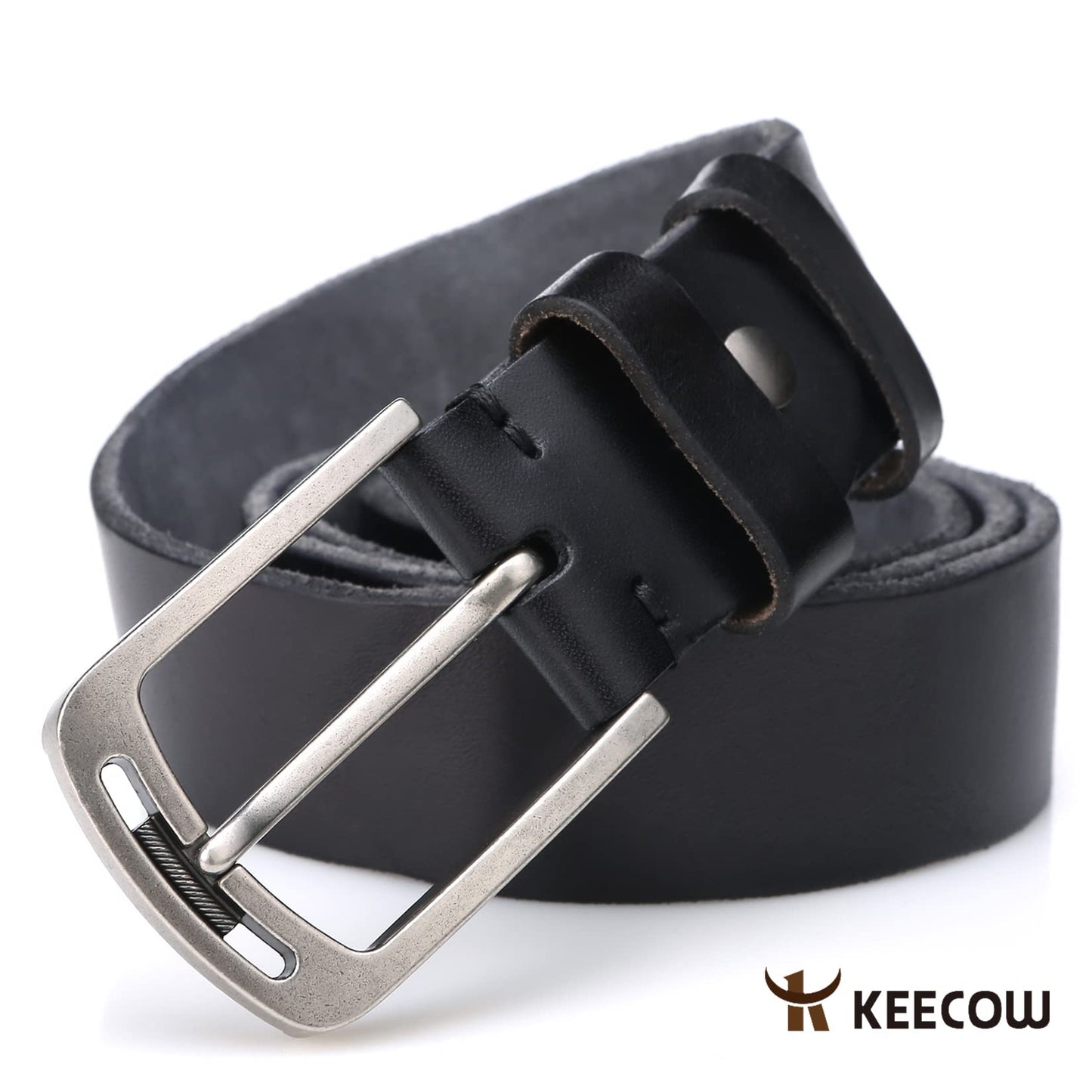 KEECOW Men's 100% Italian Cow Leather Belt Men With Anti-Scratch Buckle,Packed in a Box (Black-1001, 38-42)