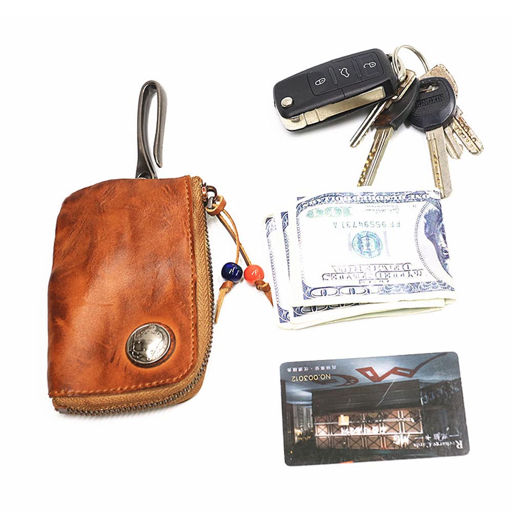 Wugebud 1 Pcs Leather Mini Medieval Pouch Keychain, Coin Organizer, Change Holder, Leather zipper Pouch for Men & Women