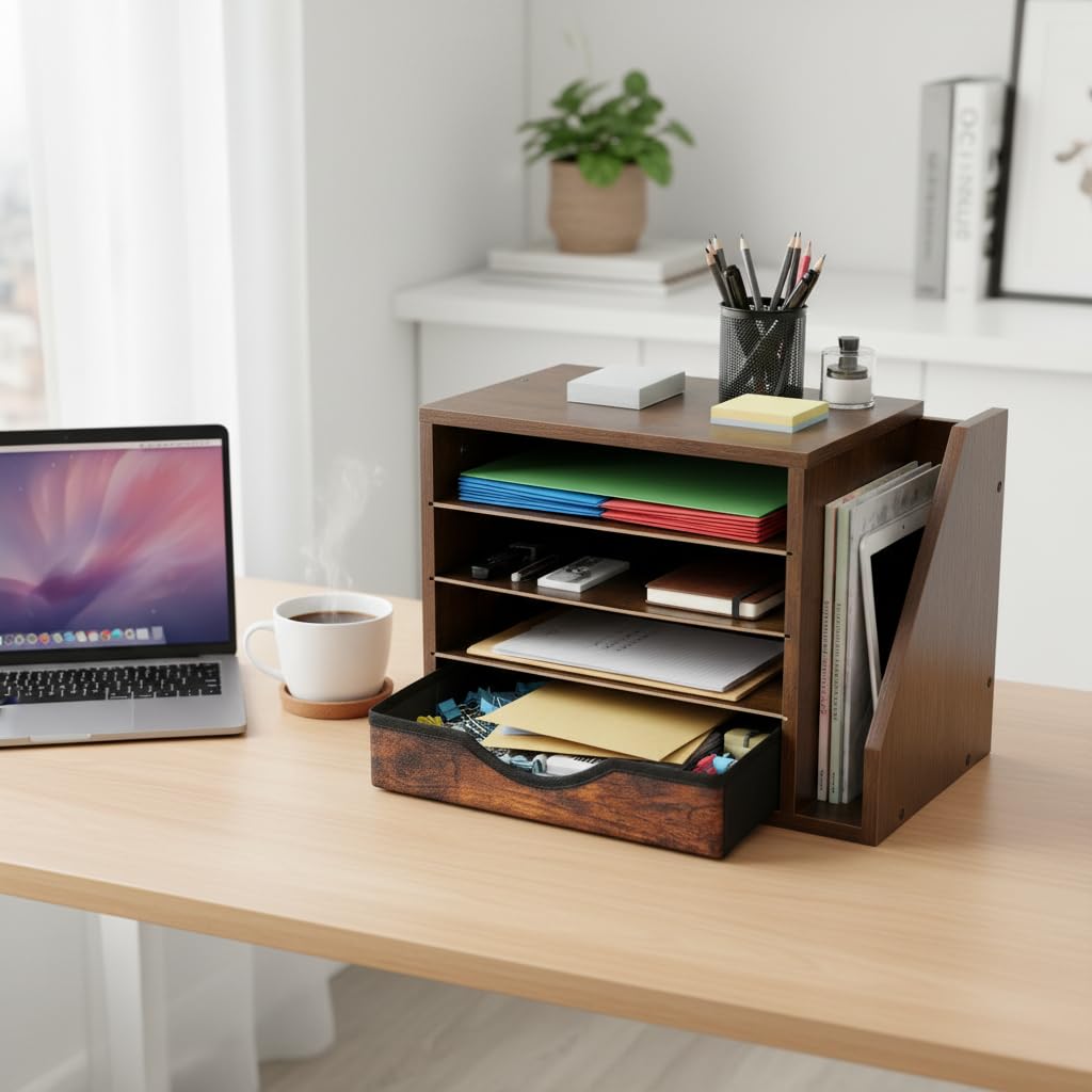 Gphudpzdl Wooden Desk Organizer with Drawers, Wood Desk Organizers and Accessories, 4 Tier Desk Organizer with Adjustable Shelves, Paper File Mail Organizer for Home Office, Brown