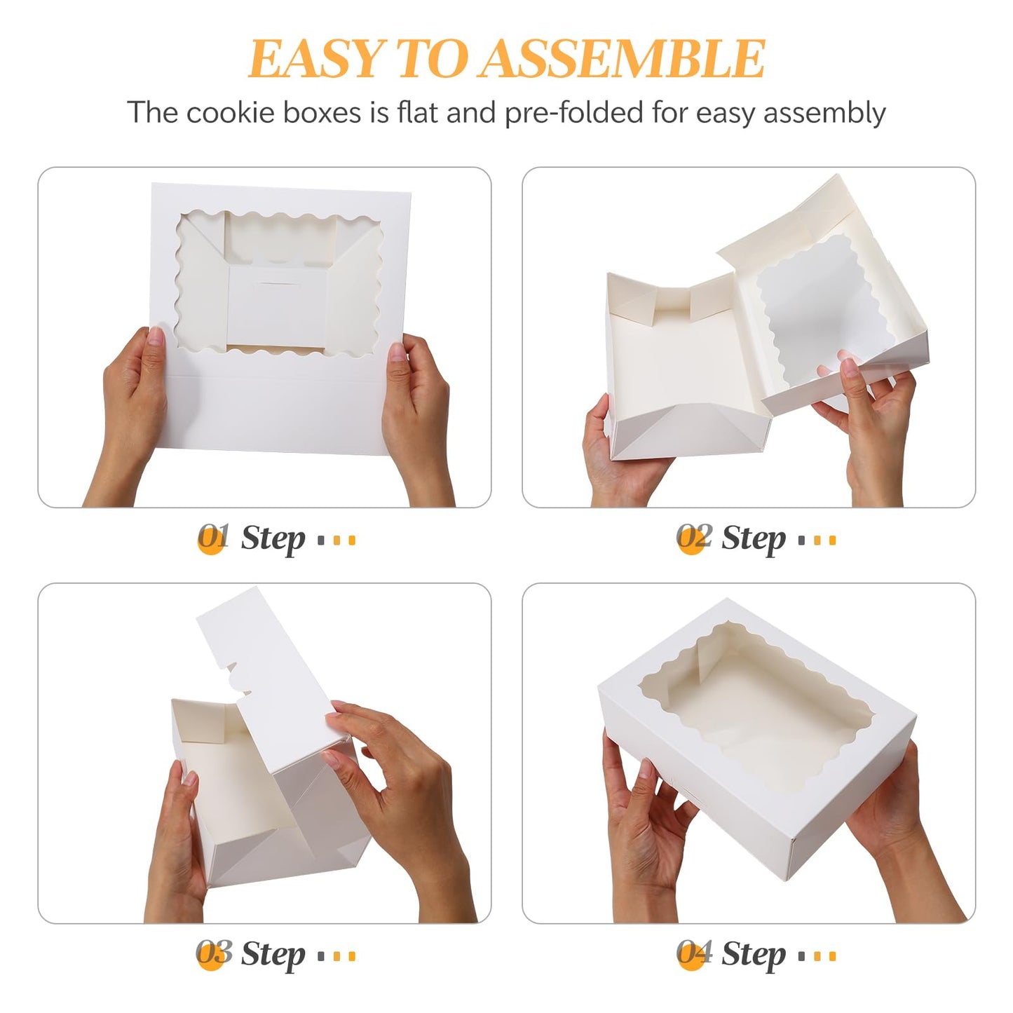 COTOPHER Auto Pop Up Cookie Box with Window 9x6x2.5 Inches – 50 Pack White Bakery Boxes with Gold Ribbon for Birthday Party Favors, Wedding, Christmas Gift Packaging for Cookies, Candy, Macarons