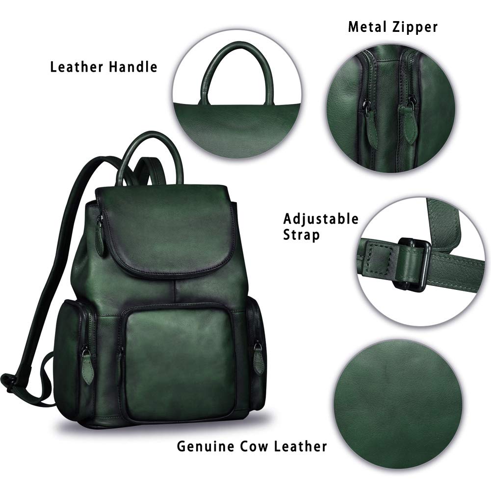 IVTG Genuine Leather Backpack for Women Shoulder Bag Vintage Designer Back Bag Fashion Rucksack Casual Daypack (Green)