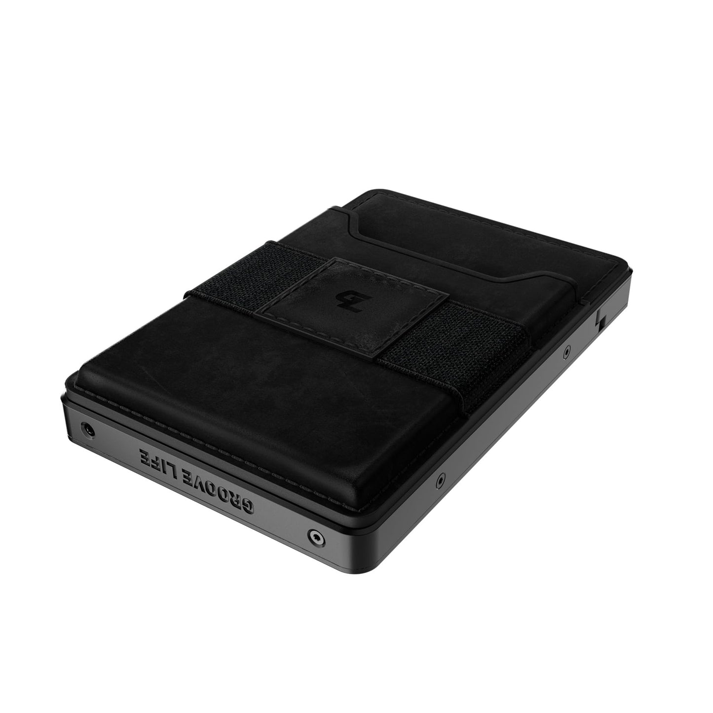 Groove Life Groove Magnetic Thumb Swipe Wallet Gun Metal/Black Leather Go Mens Minimalist Aluminum Credit Card Holder with RFID Blocking, Genuine Leather Attachment, Lifetime Coverage