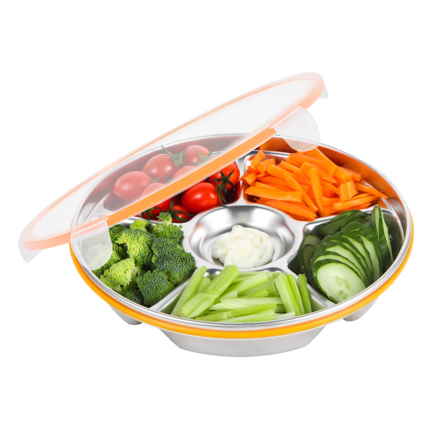 Motith 6-Compartment Stainless Steel Serving Tray with Lid - 10-inch Divided Snack/Vegetable/Fruit Tray for Christmas Parties, Snackle Box & Platter Container