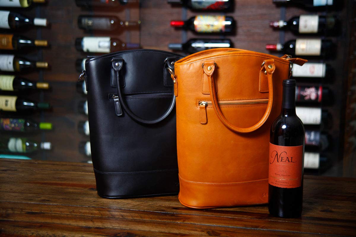 Sachi Insulated 2-Bottle Leather Wine Tote Bag Black